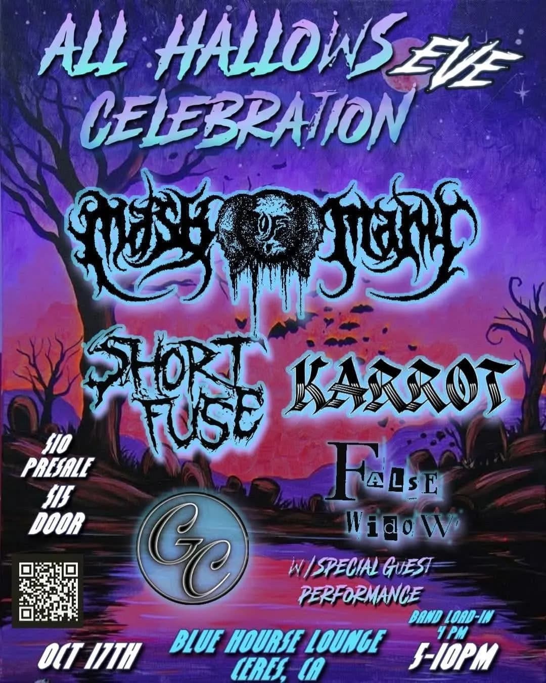 All Hallows Eve Celebration flyer — Sat · Oct 17, 2026, Blue Hourse Lounge, Ceres, CA. Lineup: Mask Man · Short Fuse · Karrot · False Widow