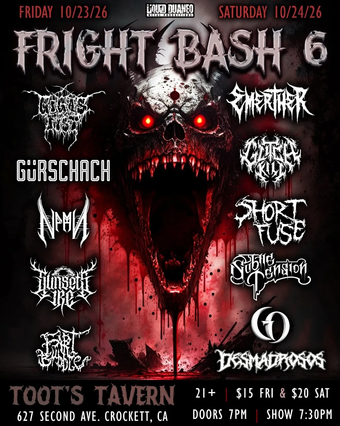 Fright Bash 6 flyer — Fri–Sat · Oct 23–24, 2026, Toot's Tavern, 627 Second Ave, Crockett, CA. Lineup: Gürschach · Smerther · Glitch Kill · Short Fuse · Subtle Tension · Desmadrosos