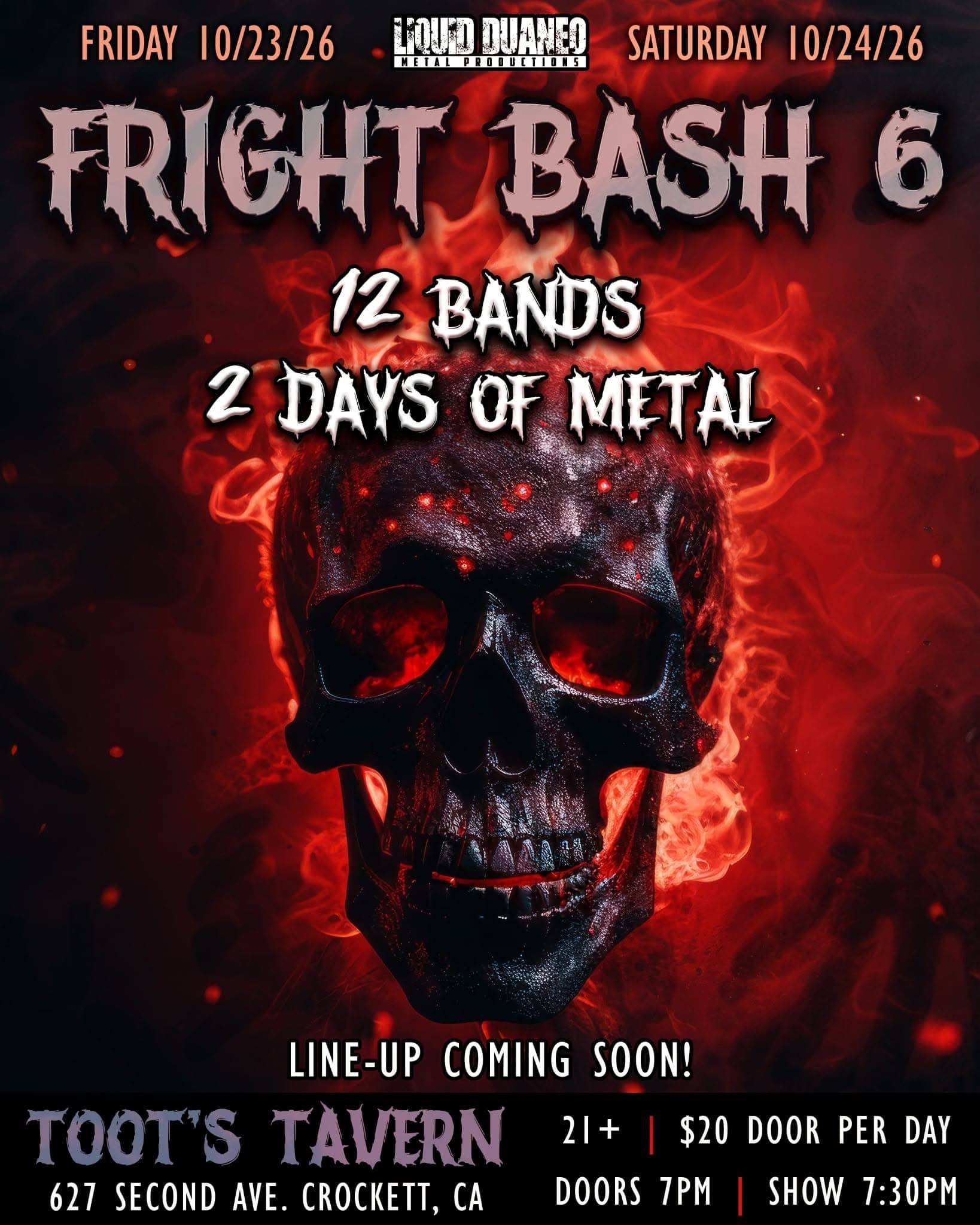 Fright Bash 6 flyer — Fri–Sat · Oct 23–24, 2026, Toot's Tavern, 627 Second Ave, Crockett, CA.