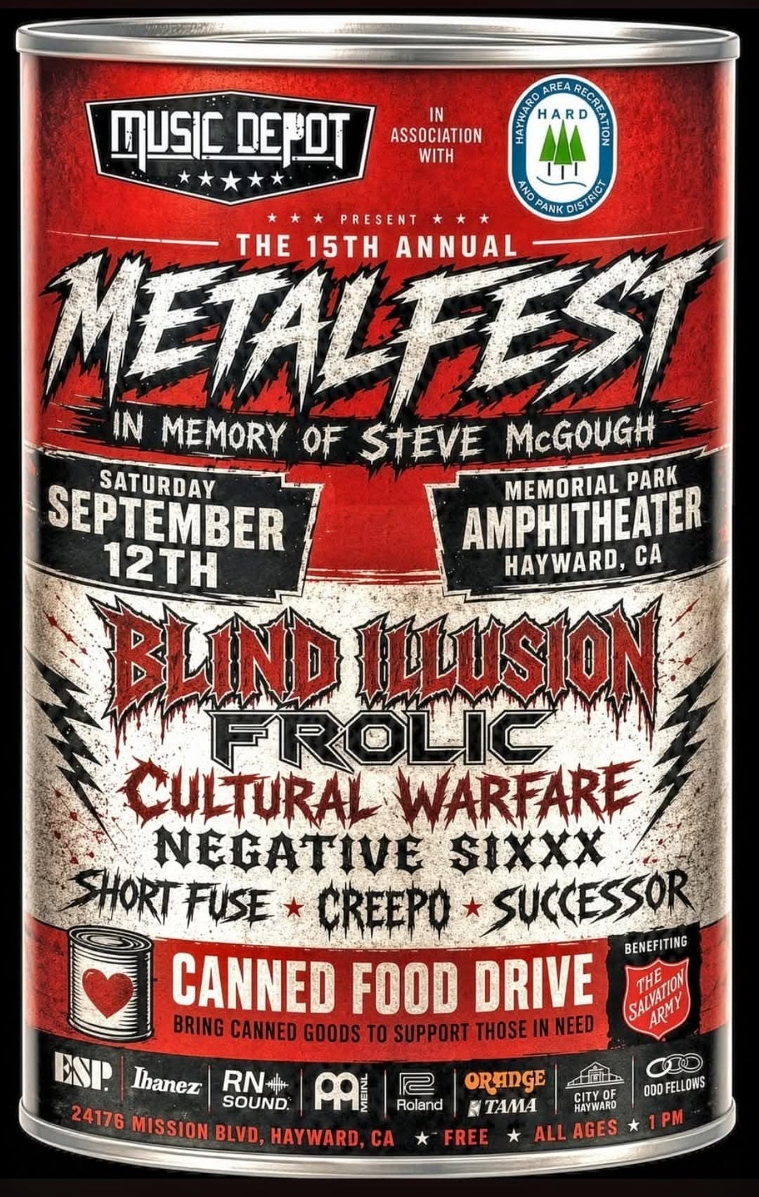 15th Annual Metalfest flyer — Sat · Sep 12, 2026, Memorial Park Amphitheater, 24176 Mission Blvd, Hayward, CA. Lineup: Blind Illusion · Frolic · Cultural Warfare · Negative Sixxx · Short Fuse · Creepo · Successor
